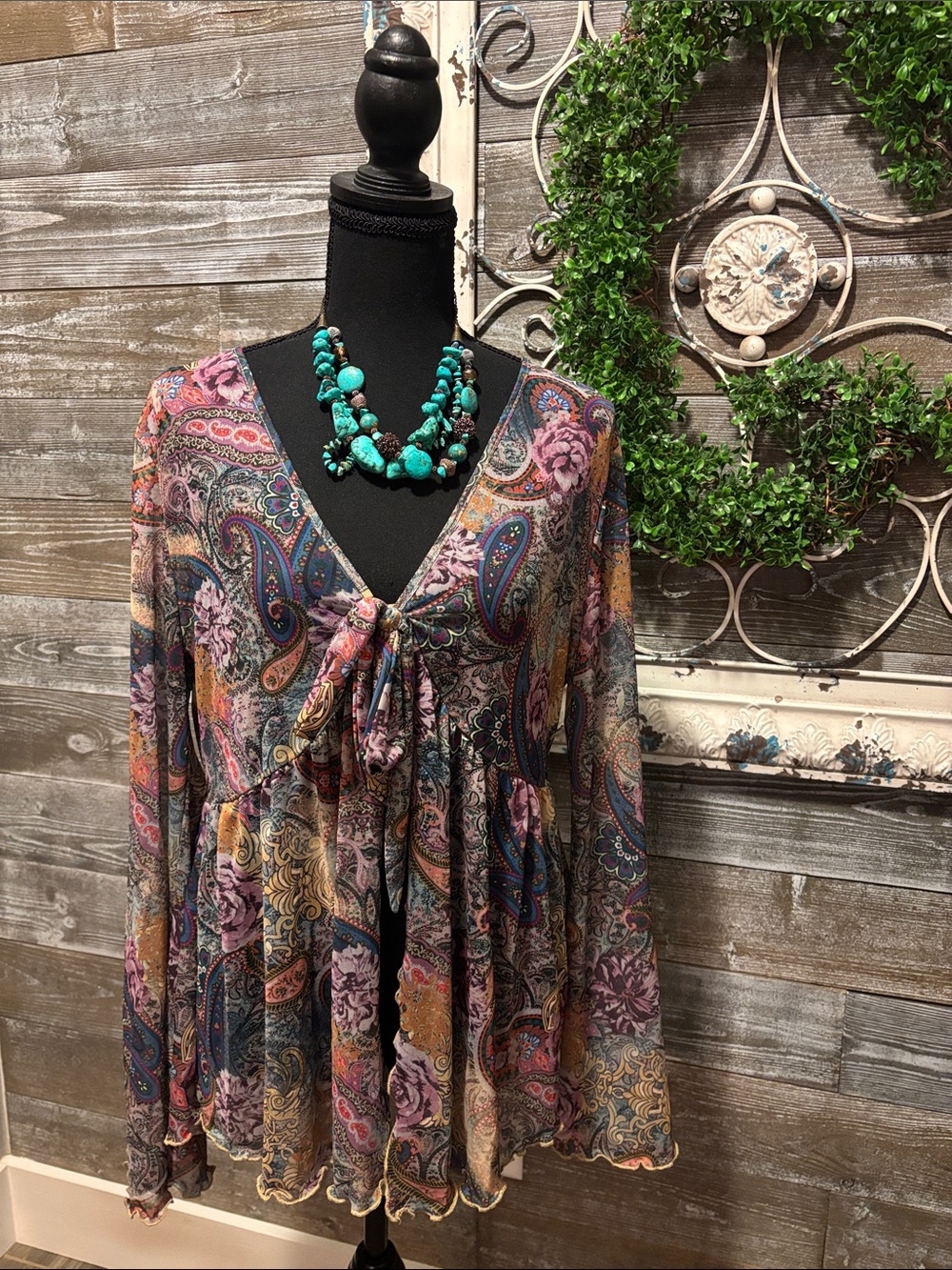 Boho (Size XL) Paisley Tie-Front Women's Sheer Mesh - Y2K Vibes